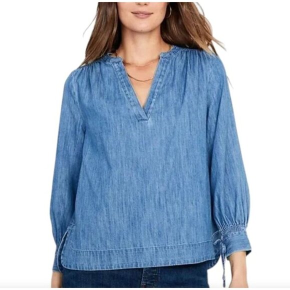 Old Navy Womens Plus 3X Chambray V Neck Top Long Sleeve Tie Cuff Shirt - Picture 1 of 12